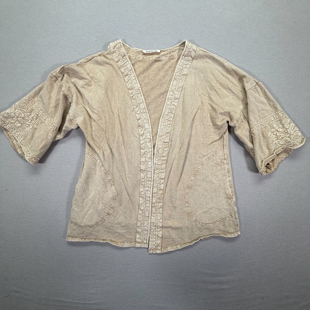 Solitaire Womens Cardigan Relaxed Tan Embroidered Cotton French Terry One Size